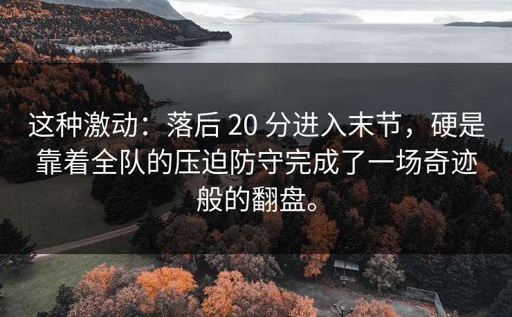 这种激动：落后 20 分进入末节，硬是靠着全队的压迫防守完成了一场奇迹般的翻盘。