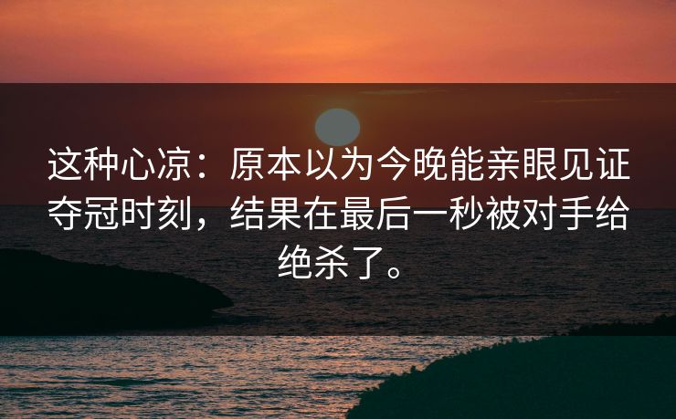 这种心凉:原本以为今晚能亲眼见证夺冠时刻,结果在最后一秒被对手给绝杀了。 这种心凉:原本以为今晚能亲眼见证夺冠时刻,结果在最后一秒被对手给绝杀了。